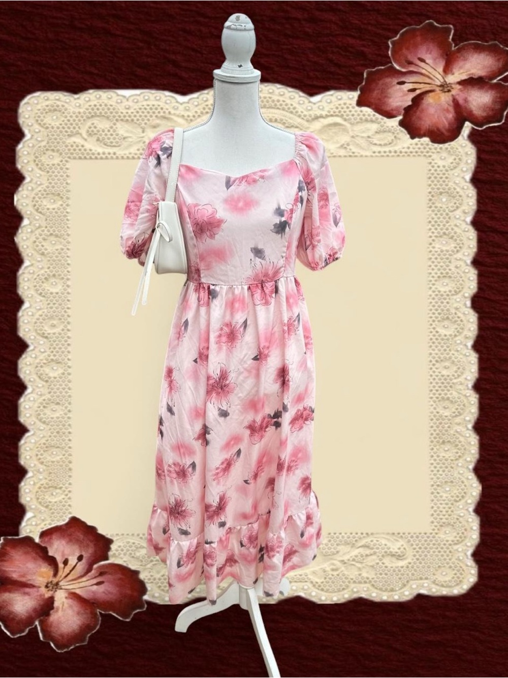 Sweet Blossom Pink Floral Midi Dress with Square Neck